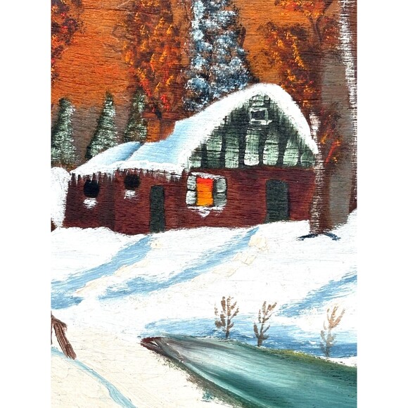 Winter Scene Painting Hand Painted Original Acrylic Rough Wood Raw Edge Signed - Picture 4 of 11